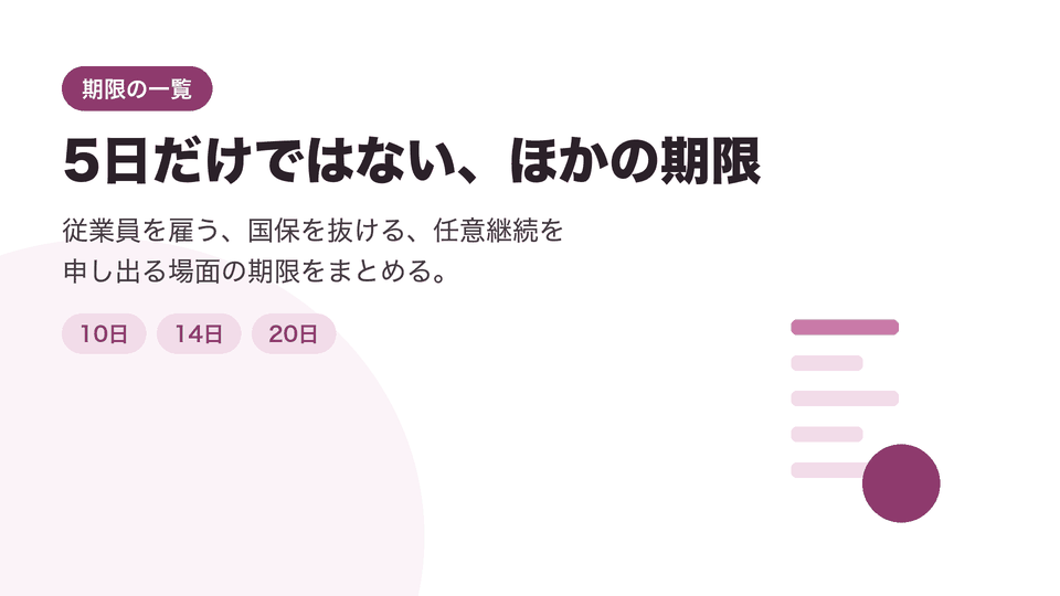 5日だけではない、ほかの期限。従業員を雇う、国保を抜ける、任意継続を申し出る場面の期限をまとめる。