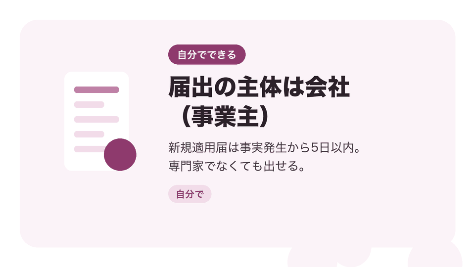 届出の主体は会社（事業主）。新規適用届は事実発生から5日以内。専門家でなくても出せる。