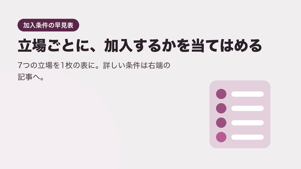 立場ごとに、加入するかを当てはめる。7つの立場を1枚の表に。詳しい条件は右端の記事へ。