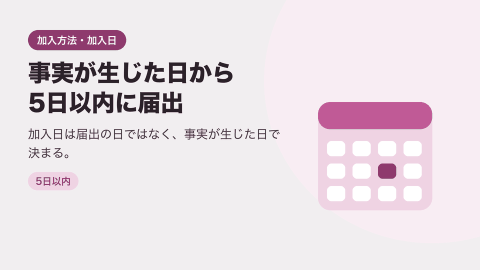 事実が生じた日から5日以内に届出。加入日は届出の日ではなく、事実が生じた日で決まる。