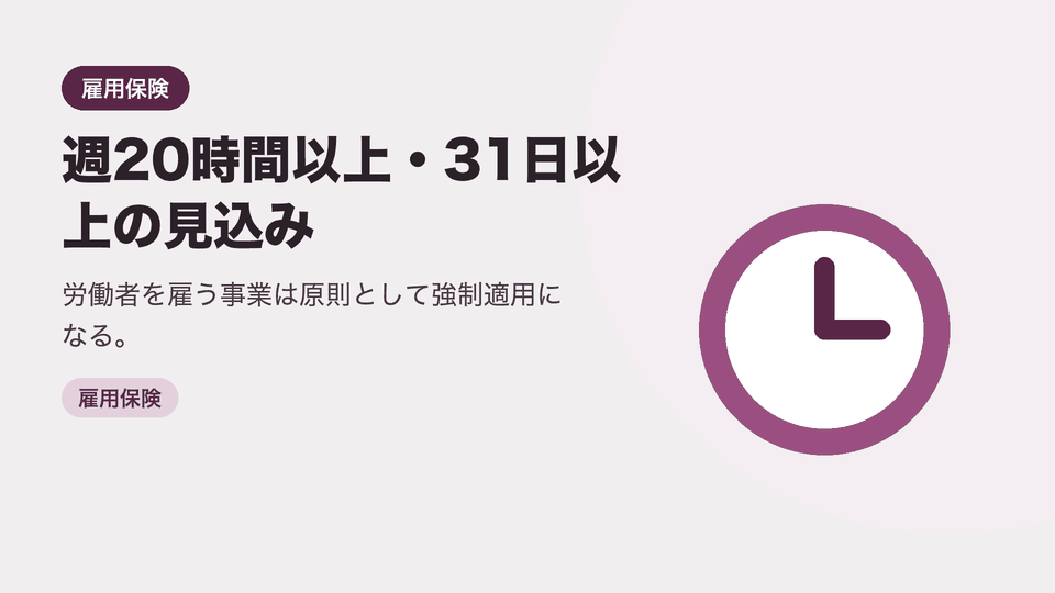 週20時間以上・31日以上の見込み。労働者を雇う事業は原則として強制適用になる。