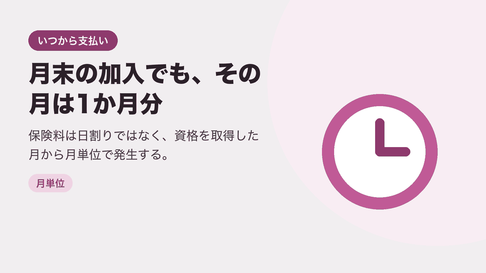 月末の加入でも、その月は1か月分。保険料は日割りではなく、資格を取得した月から月単位で発生する。