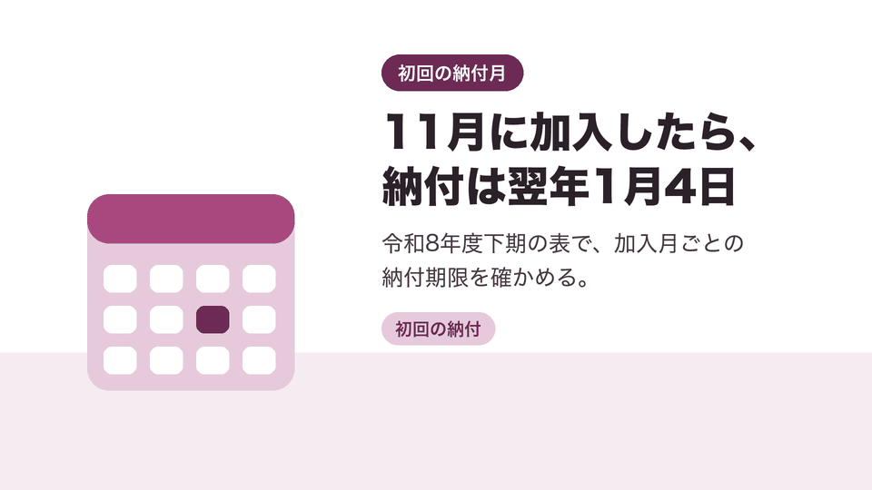 11月に加入したら、納付は翌年1月4日。令和8年度下期の表で、加入月ごとの納付期限を確かめる。