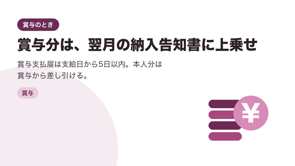 賞与分は、翌月の納入告知書に上乗せ。賞与支払届は支給日から5日以内。本人分は賞与から差し引ける。