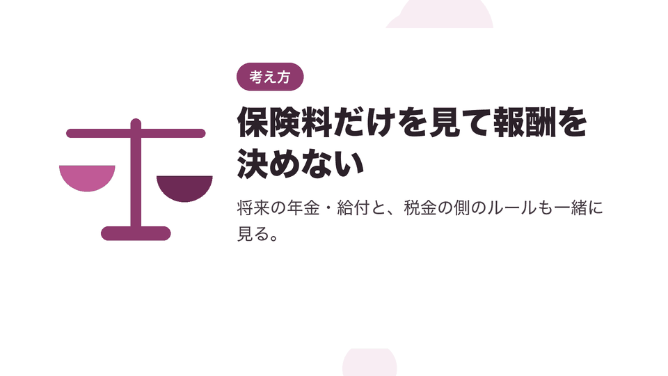 保険料だけを見て報酬を決めない。将来の年金・給付と、税金の側のルールも一緒に見る。