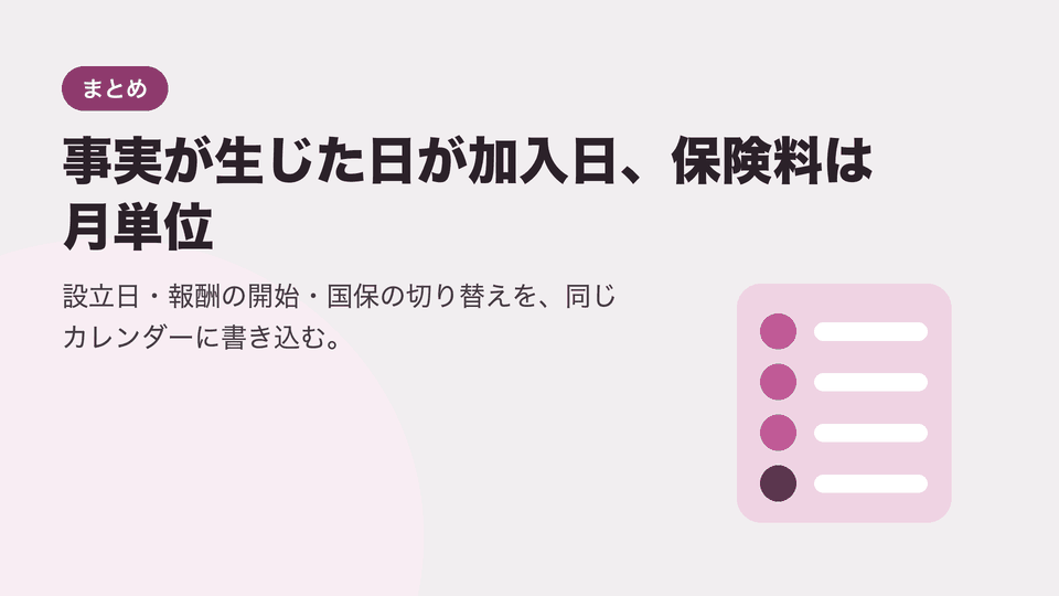 事実が生じた日が加入日、保険料は月単位。設立日・報酬の開始・国保の切り替えを、同じカレンダーに書き込む。