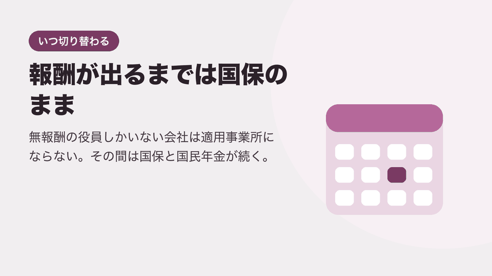 報酬が出るまでは国保のまま。無報酬の役員しかいない会社は適用事業所にならない。その間は国保と国民年金が続く。