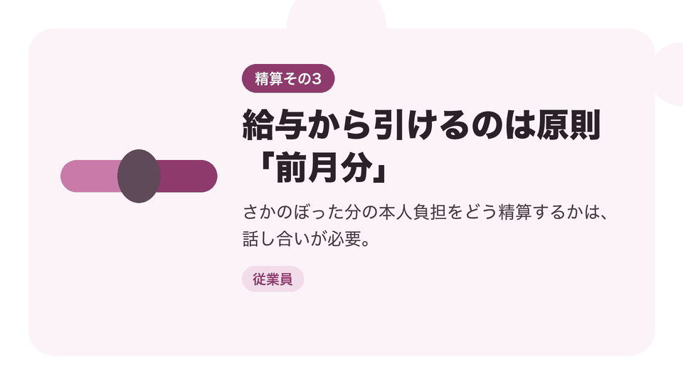 給与から引けるのは原則「前月分」。さかのぼった分の本人負担をどう精算するかは、話し合いが必要。