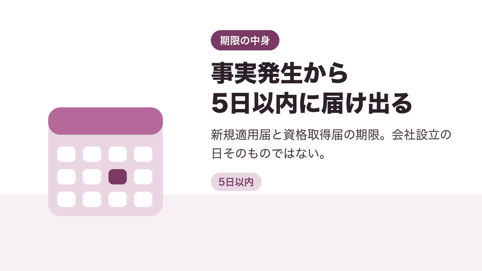 事実発生から5日以内に届け出る。新規適用届と資格取得届の期限。会社設立の日そのものではない。