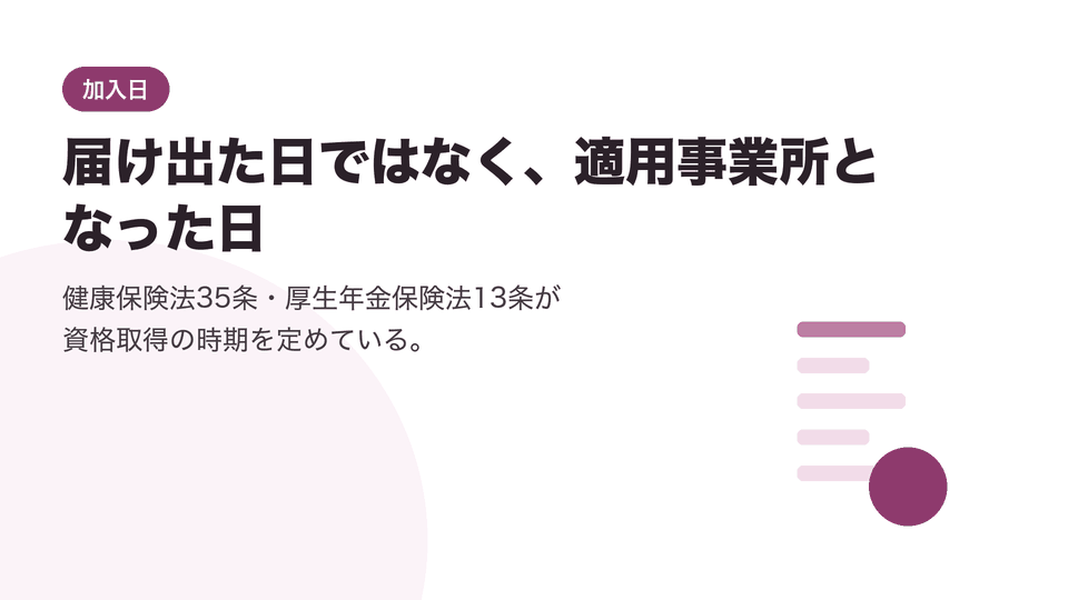 届け出た日ではなく、適用事業所となった日。健康保険法35条・厚生年金保険法13条が資格取得の時期を定めている。