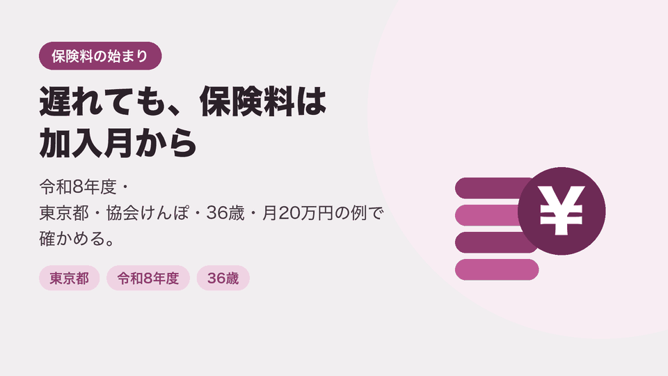 遅れても、保険料は加入月から。令和8年度・東京都・協会けんぽ・36歳・月20万円の例で確かめる。