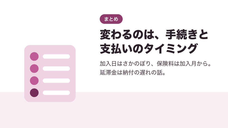 変わるのは、手続きと支払いのタイミング。加入日はさかのぼり、保険料は加入月から。延滞金は納付の遅れの話。