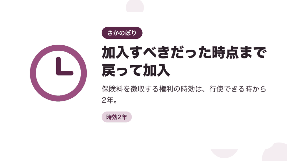 加入すべきだった時点まで戻って加入。保険料を徴収する権利の時効は、行使できる時から2年。