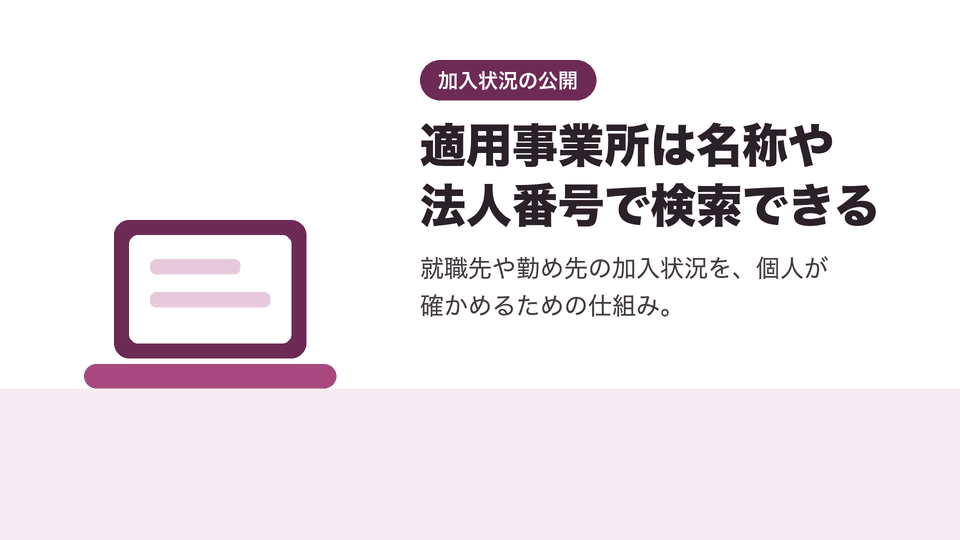 適用事業所は名称や法人番号で検索できる。就職先や勤め先の加入状況を、個人が確かめるための仕組み。