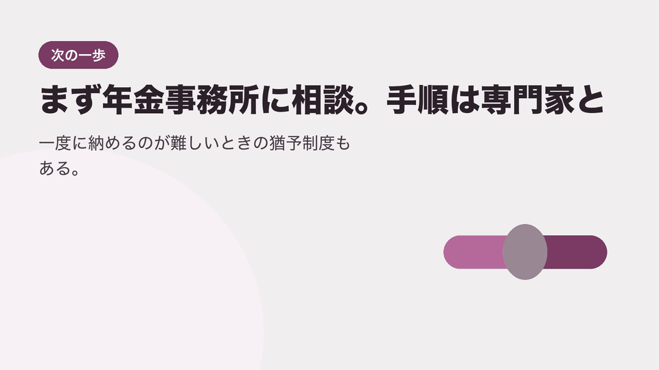 まず年金事務所に相談。手順は専門家と。一度に納めるのが難しいときの猶予制度もある。