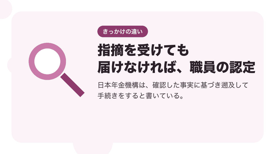 指摘を受けても届けなければ、職員の認定。日本年金機構は、確認した事実に基づき遡及して手続きをすると書いている。
