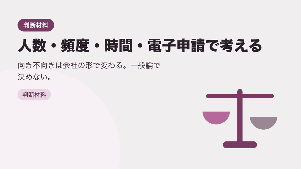 人数・頻度・時間・電子申請で考える。向き不向きは会社の形で変わる。一般論で決めない。