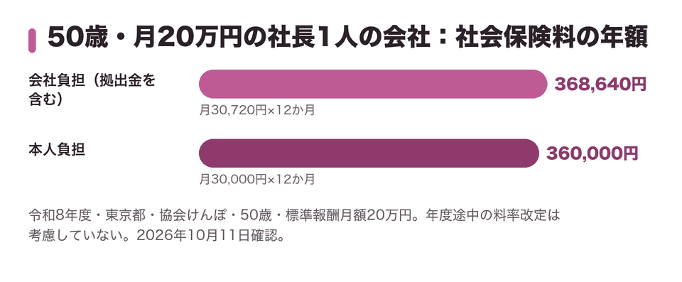 50歳・月20万円の社長1人の会社：社会保険料の年額