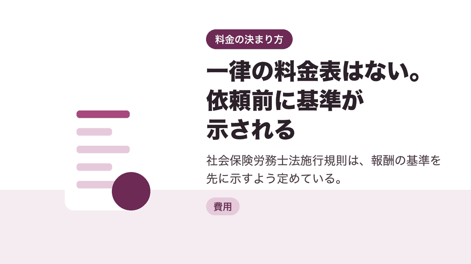 一律の料金表はない。依頼前に基準が示される。社会保険労務士法施行規則は、報酬の基準を先に示すよう定めている。