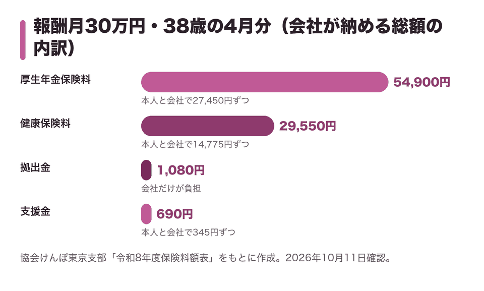 報酬月30万円・38歳の4月分（会社が納める総額の内訳）