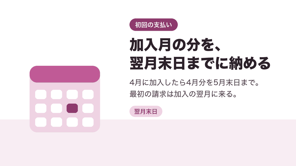 加入月の分を、翌月末日までに納める。4月に加入したら4月分を5月末日まで。最初の請求は加入の翌月に来る。