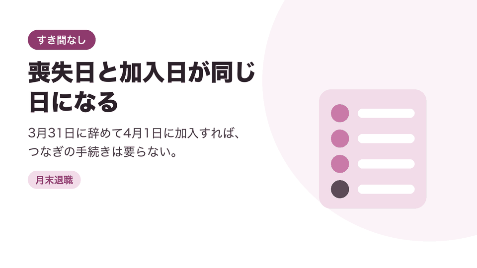 喪失日と加入日が同じ日になる。3月31日に辞めて4月1日に加入すれば、つなぎの手続きは要らない。