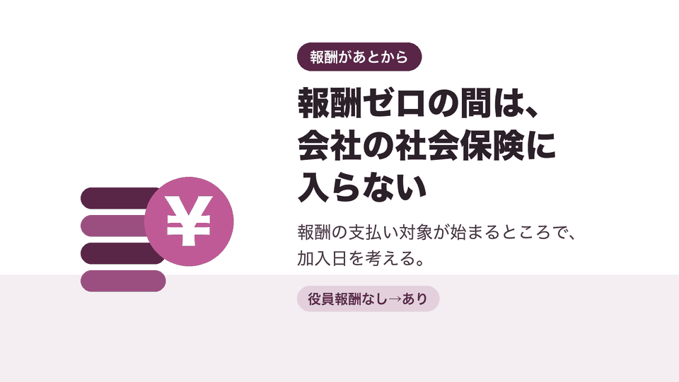 報酬ゼロの間は、会社の社会保険に入らない。報酬の支払い対象が始まるところで、加入日を考える。