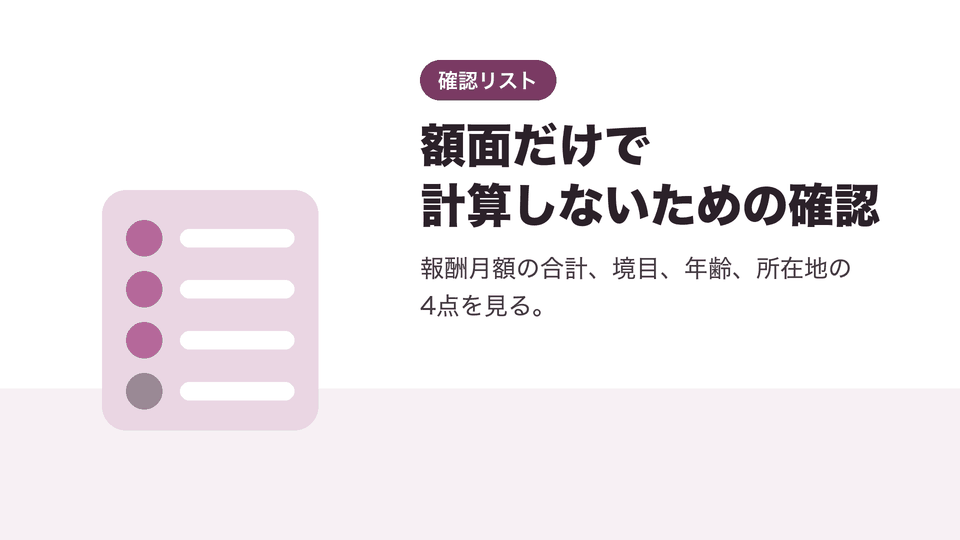 額面だけで計算しないための確認。報酬月額の合計、境目、年齢、所在地の4点を見る。